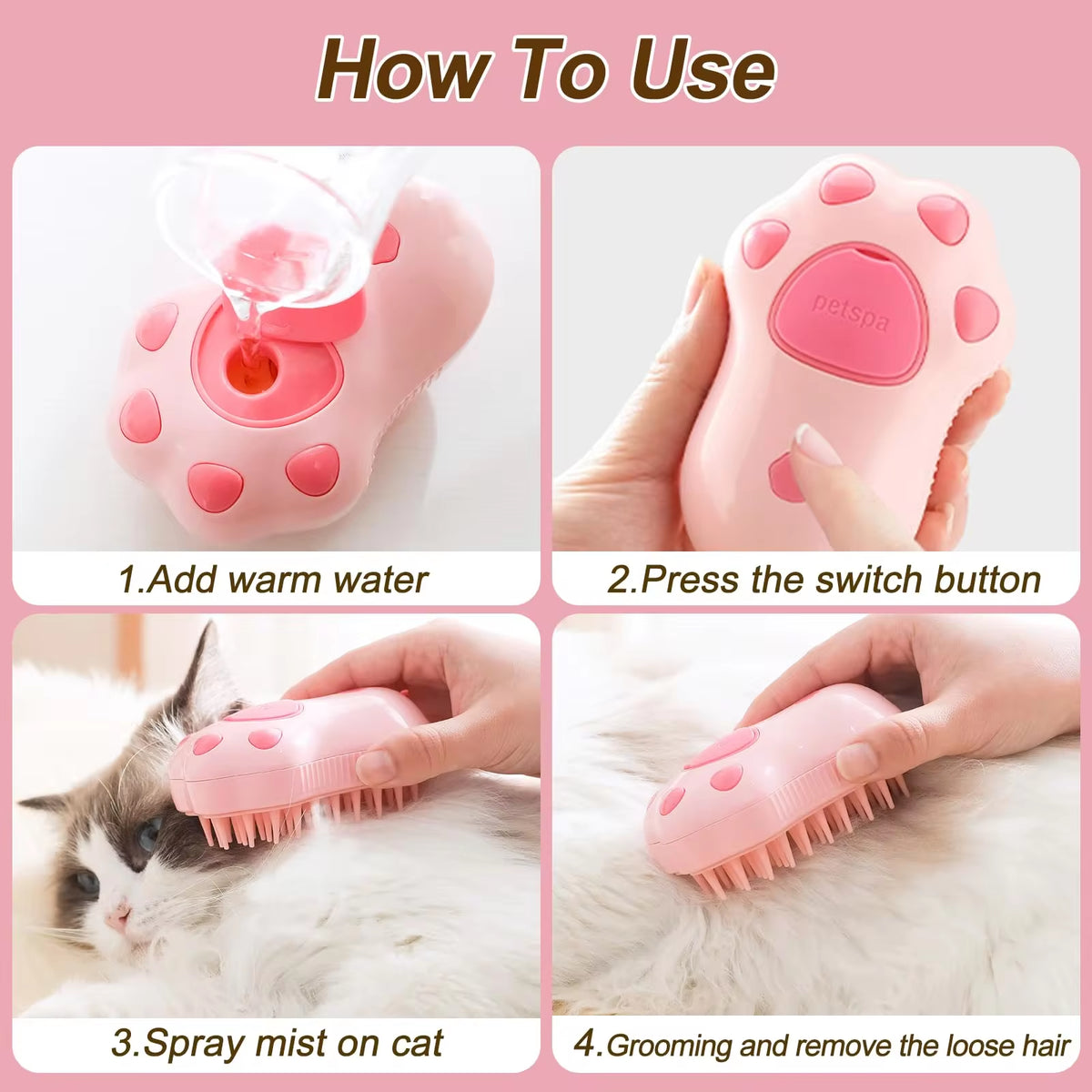3-in-1 Electric Pet Grooming Brush with Steam, Spray, and Massage Functions for Cats and Dogs