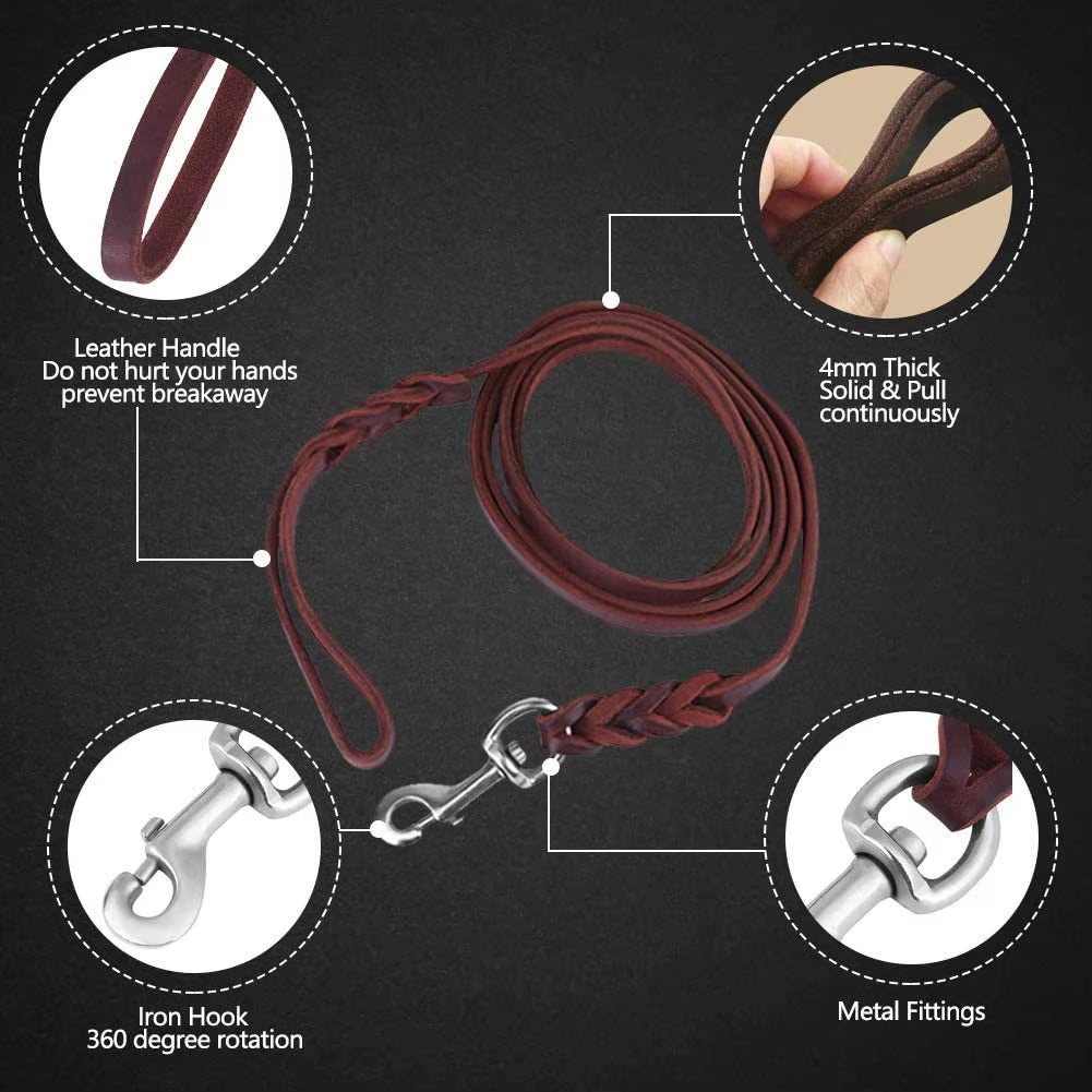 1.2-1.6M Genuine Leather Dogs Leash with Hook Pet Walking Training Brown Black Colors for Medium Large Pet Shepherd Greyhound