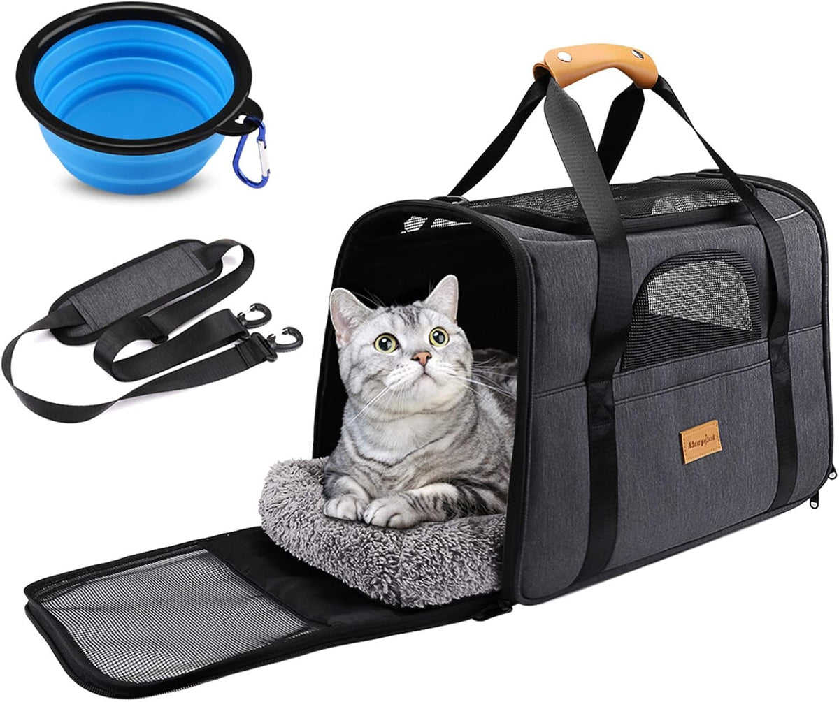 Premium Portable Cat Carrier Bag for Small Pets, Foldable Soft-Sided Transport Solution, Airline Approved with Shoulder Strap, Removable Mat, and Pet Bowl